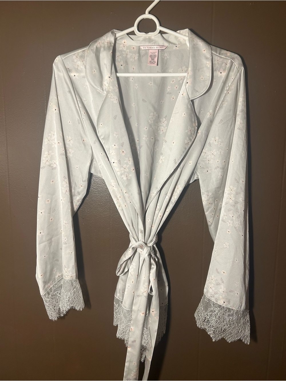 Victoria's Secret Pale Blue Floral Lace-Trim Wrap Robe